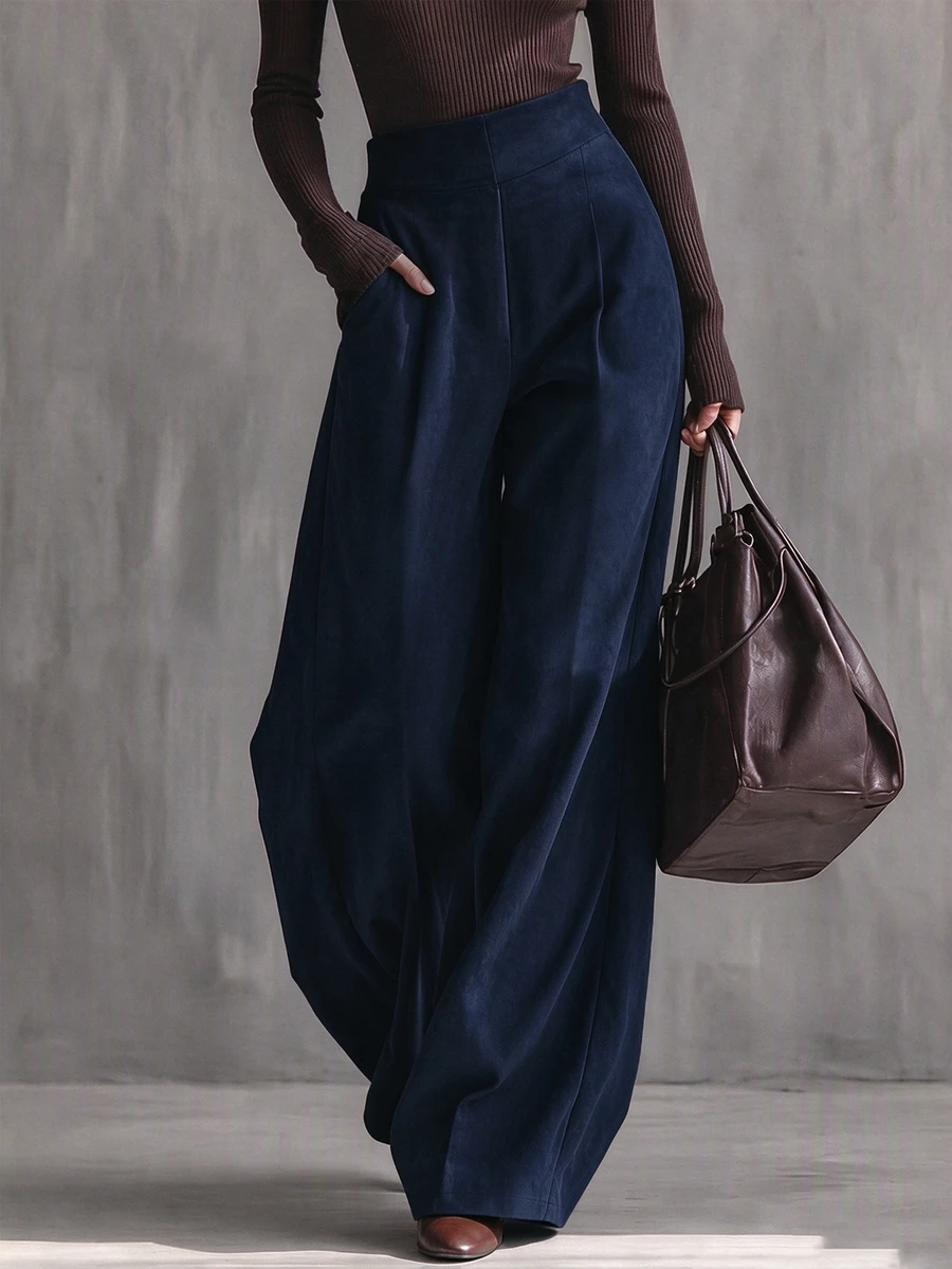 Everyssa Women's Elegant Coffee-Colored High-Waisted Wide-Leg Long Pants - Navy Blue - View 1