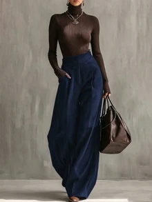 Everyssa Women's Elegant Coffee-Colored High-Waisted Wide-Leg Long Pants - Navy Blue - View 8