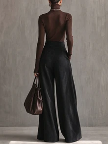 LUMIGAL Women's Elegant Coffee-Colored High-Waisted Wide-Leg Long Pants - Black - View 2