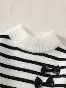 Young Girl High Neck Long Sleeve Striped Bow Decor Round Neck Slouchy Fashion Sweet Ruffle Trim Knit Sweater Dress Elegant Chic Soft Versatile Winter - White - View 3