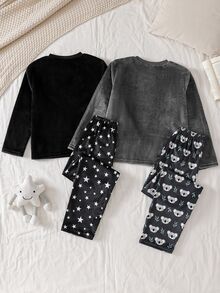 SHEIN Tween Girl' 修身長袖褲裝套裝，秋冬抓絨新品，可愛經典星空、微笑雲朵、無尾熊、葉子圖案刺繡與印花，舒適面料，深受許多女孩喜愛與追捧 - 彩色 - 查看 2