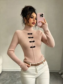 SHEIN Franclia 秋冬時尚新款中式拿破崙套頭毛衣 - 卡其色 - 查看 6