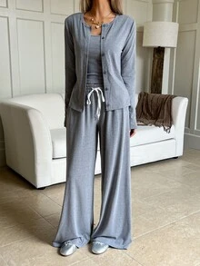 SHEIN EZwear 夏季舒適針織休閒三件套居家服 灰色 早午餐風 - 灰色 - 查看 4