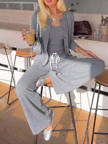 SHEIN EZwear 夏季舒適針織休閒三件套居家服 灰色 早午餐風 - 灰色 - 查看 9