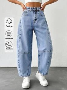 SHEIN بنطلون جينز نسائي بخصر عالي وقصة برميلية وغسيل متوسط كاجوال منحني - أزرق متوسط - مشاهدة 1