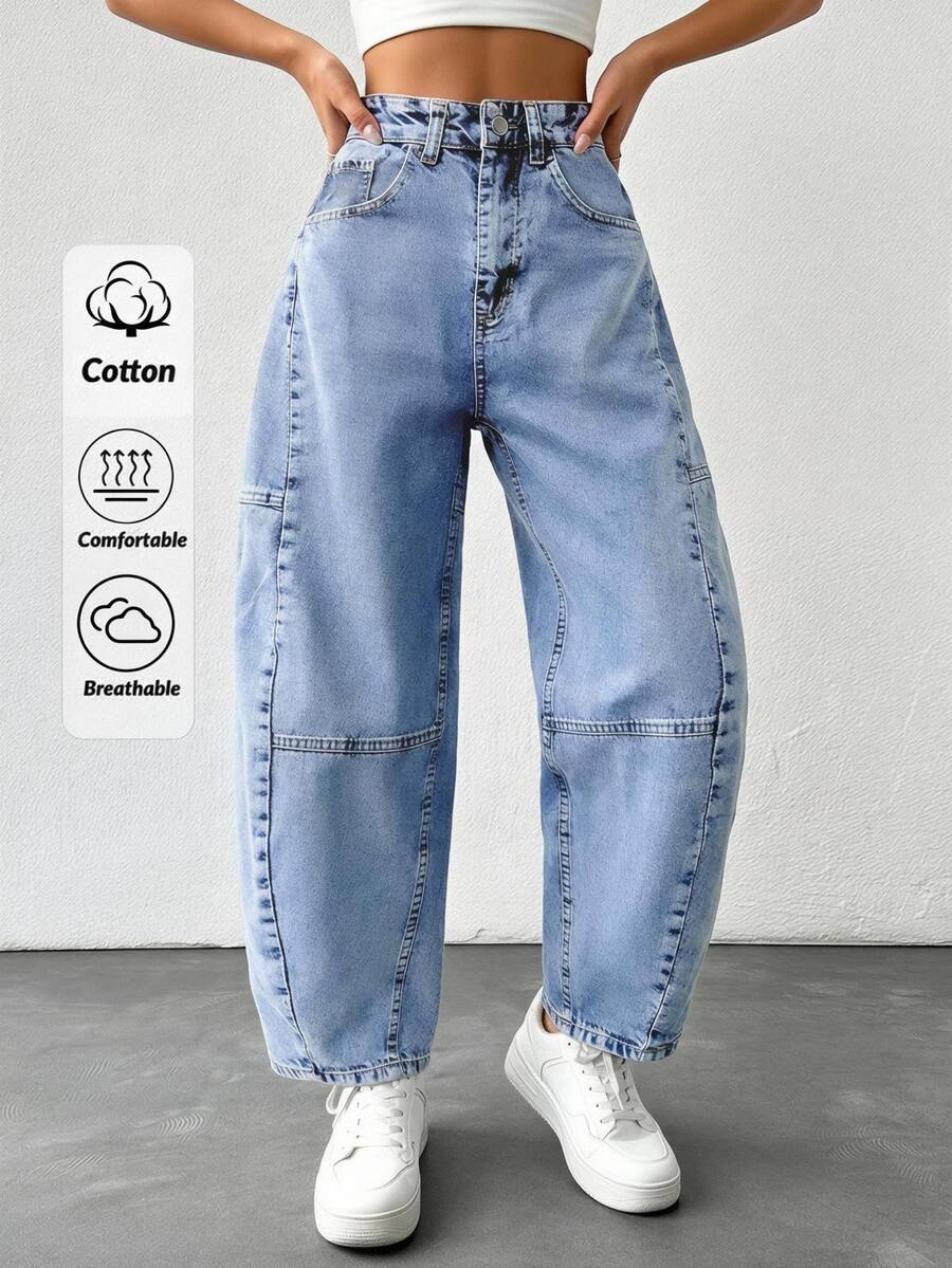 SHEIN بنطلون جينز نسائي بخصر عالي وقصة برميلية وغسيل متوسط كاجوال منحني - أزرق متوسط - مشاهدة 1