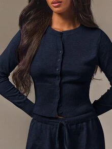Athîral Women's Relaxed Fit Taupe Knit Two Pieces Set,Crew Neck Button Cardigan,Drawstring Wide-Leg Pants,Solid,Autumn Minimalist Loungewear,Office Casual - Navy Blue - View 4
