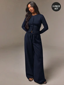 Athîral Women's Relaxed Fit Taupe Knit Two Pieces Set,Crew Neck Button Cardigan,Drawstring Wide-Leg Pants,Solid,Autumn Minimalist Loungewear,Office Casual - Navy Blue - View 1