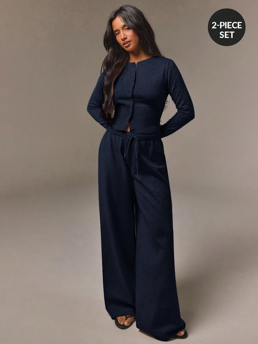 Athîral Women's Relaxed Fit Taupe Knit Two Pieces Set,Crew Neck Button Cardigan,Drawstring Wide-Leg Pants,Solid,Autumn Minimalist Loungewear,Office Casual - Navy Blue - View 1