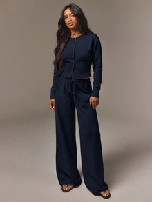 Athîral Women's Relaxed Fit Taupe Knit Two Pieces Set,Crew Neck Button Cardigan,Drawstring Wide-Leg Pants,Solid,Autumn Minimalist Loungewear,Office Casual - Navy Blue - View 3