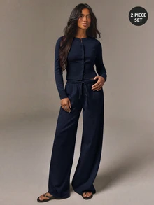 Athîral Women's Relaxed Fit Taupe Knit Two Pieces Set,Crew Neck Button Cardigan,Drawstring Wide-Leg Pants,Solid,Autumn Minimalist Loungewear,Office Casual - Navy Blue - View 5