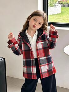 SHEIN Tween女孩兒童秋冬加厚格紋簡約舒適外套 - 彩色 - 查看 4