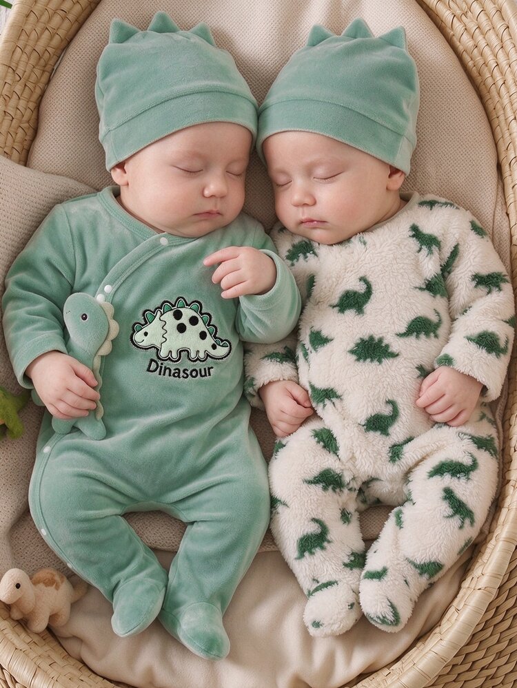 Baby Boy Cartoon Dinosaur Print Footed Jumpsuit Flannel Loungewear - Multicolor - View 8