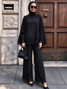 SHEIN Unity 女款對比蕾絲喇叭袖上衣與寬腿褲休閒端莊優雅兩件套，晚餐派對夜場合，黑白配色，秋季 - 黑色 - 查看 4
