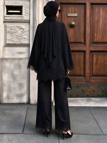 SHEIN Unity 女款對比蕾絲喇叭袖上衣與寬腿褲休閒端莊優雅兩件套，晚餐派對夜場合，黑白配色，秋季 - 黑色 - 查看 2