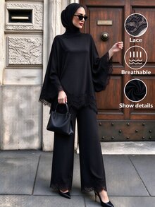 SHEIN Unity 女款對比蕾絲喇叭袖上衣與寬腿褲休閒端莊優雅兩件套，晚餐派對夜場合，黑白配色，秋季 - 黑色 - 查看 1