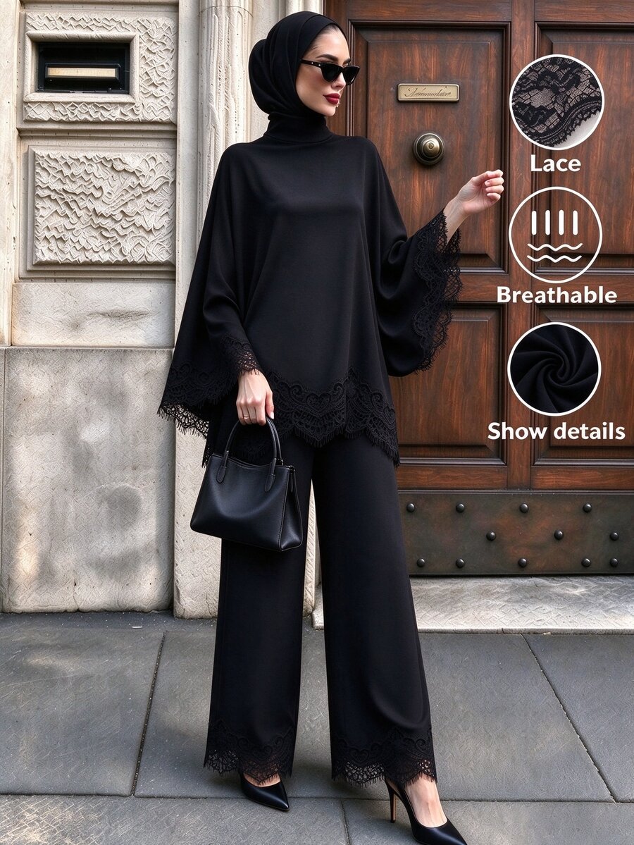 SHEIN Unity 女款對比蕾絲喇叭袖上衣與寬腿褲休閒端莊優雅兩件套,晚餐派對夜場合,黑白配色,秋季 - 黑色 - 查看 1