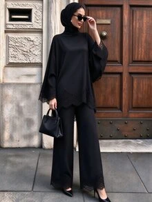 SHEIN Unity 女款對比蕾絲喇叭袖上衣與寬腿褲休閒端莊優雅兩件套，晚餐派對夜場合，黑白配色，秋季 - 黑色 - 查看 3