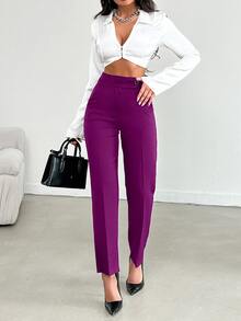 SHEIN بنطلون نسائي بلون موحد بخصر عالي وساق مستقيمة أنيق للتنقل اليومي - الأرجواني - مشاهدة 7