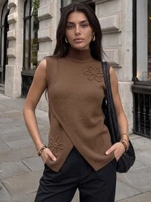 Wandoria Women's Autumn New Commute Vest Fashion Design Split Layering Coffee Color Embroidered Pullover Loose Knit Cardigan Daily Knit Top Single Piece Sweater - Coffee Brown - View 5