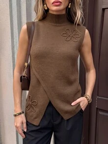 Wandoria Women's Autumn New Commute Vest Fashion Design Split Layering Coffee Color Embroidered Pullover Loose Knit Cardigan Daily Knit Top Single Piece Sweater - Coffee Brown - View 6