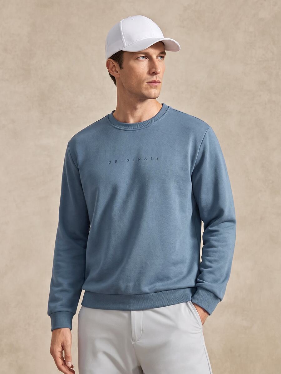 Courvante Men's Letter Print Crew Neck Long Sleeve Casual Loose Fit Sweatshirt Fall - Dusty Blue - View 1