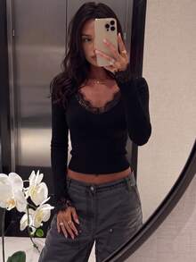 Elamini Women's Black Fashion Versatile Sexy Lace V-Neck Daily Commute Slim Fit Pullover Sweater, Autumn/Winter - Black - View 7