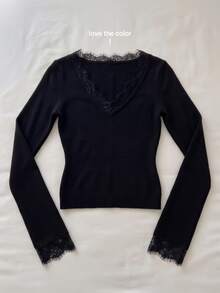 Elamini Women's Black Fashion Versatile Sexy Lace V-Neck Daily Commute Slim Fit Pullover Sweater, Autumn/Winter - Black - View 6