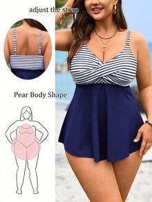 SHEIN Swim Curve Plus Size Women 2pcs Set Striped Print Spaghetti Strap Cropped Top & High Waist Bikini Bottom Swimwear, Summer Beach Vacation - Multicolor - View 3
