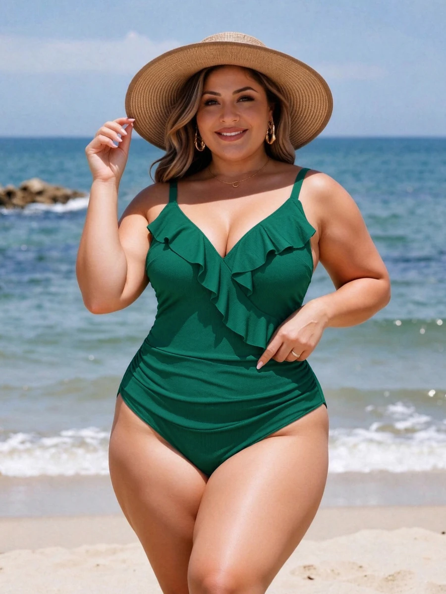 SHEIN Swim Curve 大码女式纯色拼接荷叶边时尚吊带连体泳衣 - 綠色 - 查看 1