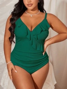 SHEIN Swim Curve 大码女式纯色拼接荷叶边时尚吊带连体泳衣 - 綠色 - 查看 3