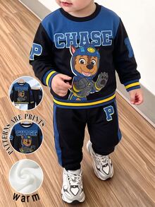 SHEIN | PAW Patrol 小男孩卡通圖案長袖圓領運動衫與慢跑褲套裝 - 藍色 - 查看 1
