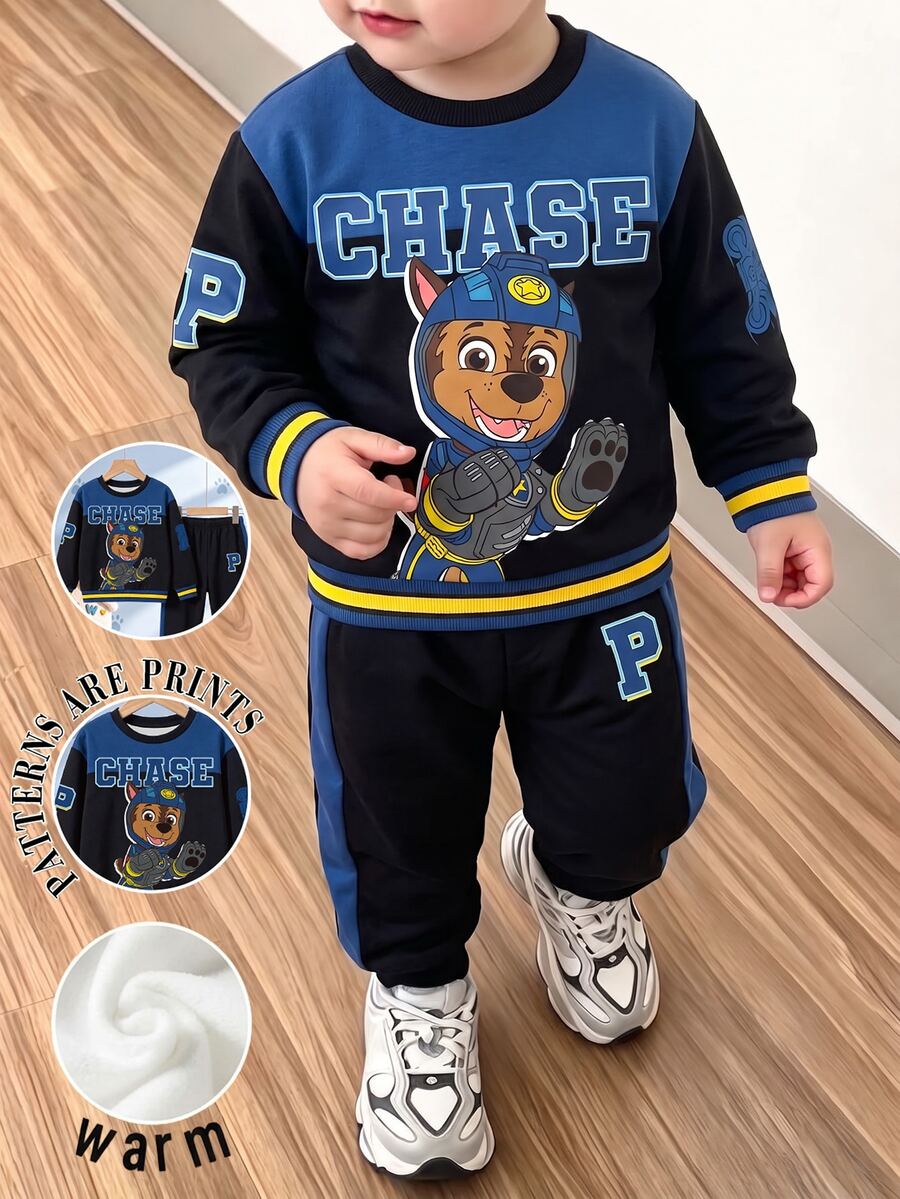 SHEIN | PAW Patrol 小男孩卡通圖案長袖圓領運動衫與慢跑褲套裝 - 藍色 - 查看 1