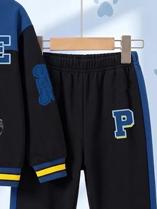 SHEIN | PAW Patrol 小男孩卡通圖案長袖圓領運動衫與慢跑褲套裝 - 藍色 - 查看 5