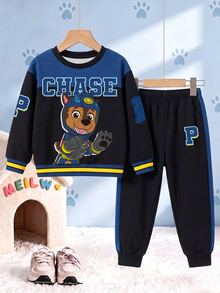SHEIN | PAW Patrol 小男孩卡通圖案長袖圓領運動衫與慢跑褲套裝 - 藍色 - 查看 3