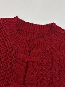 Struktiv Autumn/Winter New Chinese Style Frog Button Cable Knit Cardigan Women Red Vintage Sweater Open Front Jacket - Red - View 4