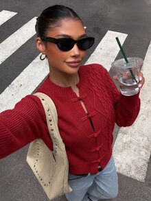 Struktiv Autumn/Winter New Chinese Style Frog Button Cable Knit Cardigan Women Red Vintage Sweater Open Front Jacket - Red - View 1