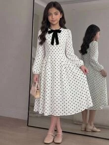SHEIN 少女杏色波點收腰長洋裝，附蝴蝶結，柔軟舒適，適合假日派對與日常休閒穿著 - 杏色 - 查看 6
