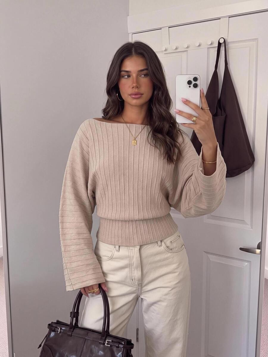 Siren Gaze Women's Cold Shoulder Long-Sleeve Loose-Fit Knit Sweater Simple Versatile Casual Suitable For Daily Wear Office And Commuting In Fall And Brunch Beige - Apricot - View 1