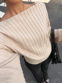 Siren Gaze 女款露肩長袖寬鬆針織毛衣，簡約百搭休閒款，適合秋季日常穿著、辦公通勤與早午餐，米色 - 杏色 - 查看 7