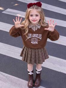 SHEIN Tween Girls Preppy 2 In 1 Letter Graphic Print Sweatshirt Pullover Top And Plaid Pleated Skirt Autumn Winter Thick Flannel Two Pieces Outfit Set - Mocha Brown - View 4