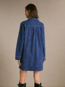 Comfortcana 女款領口拉鍊前開櫻桃刺繡牛仔迷你洋裝，長袖優雅可愛休閒日常度假秋季聖誕早午餐洋裝 - 中等水洗藍 - 查看 4