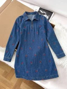 Comfortcana 女款領口拉鍊前開櫻桃刺繡牛仔迷你洋裝，長袖優雅可愛休閒日常度假秋季聖誕早午餐洋裝 - 中等水洗藍 - 查看 1