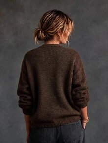 SHEIN Women's Solid Color Dropped Shoulder Long Sleeve Single-Breasted Knit Cardigan - Brown - View 3