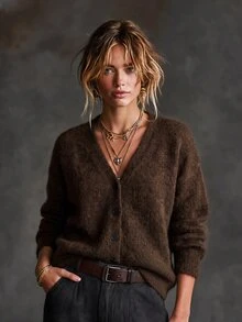 SHEIN Women's Solid Color Dropped Shoulder Long Sleeve Single-Breasted Knit Cardigan - Brown - View 5