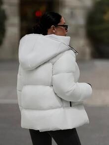 SHEIN Hooded Zipper Detailed Contrast Rib Cuff Quilted Women's Casual Swaggy Puffer Down Jacket Office Party White - White - View 2