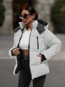 SHEIN Hooded Zipper Detailed Contrast Rib Cuff Quilted Women's Casual Swaggy Puffer Down Jacket Office Party White - White - View 1