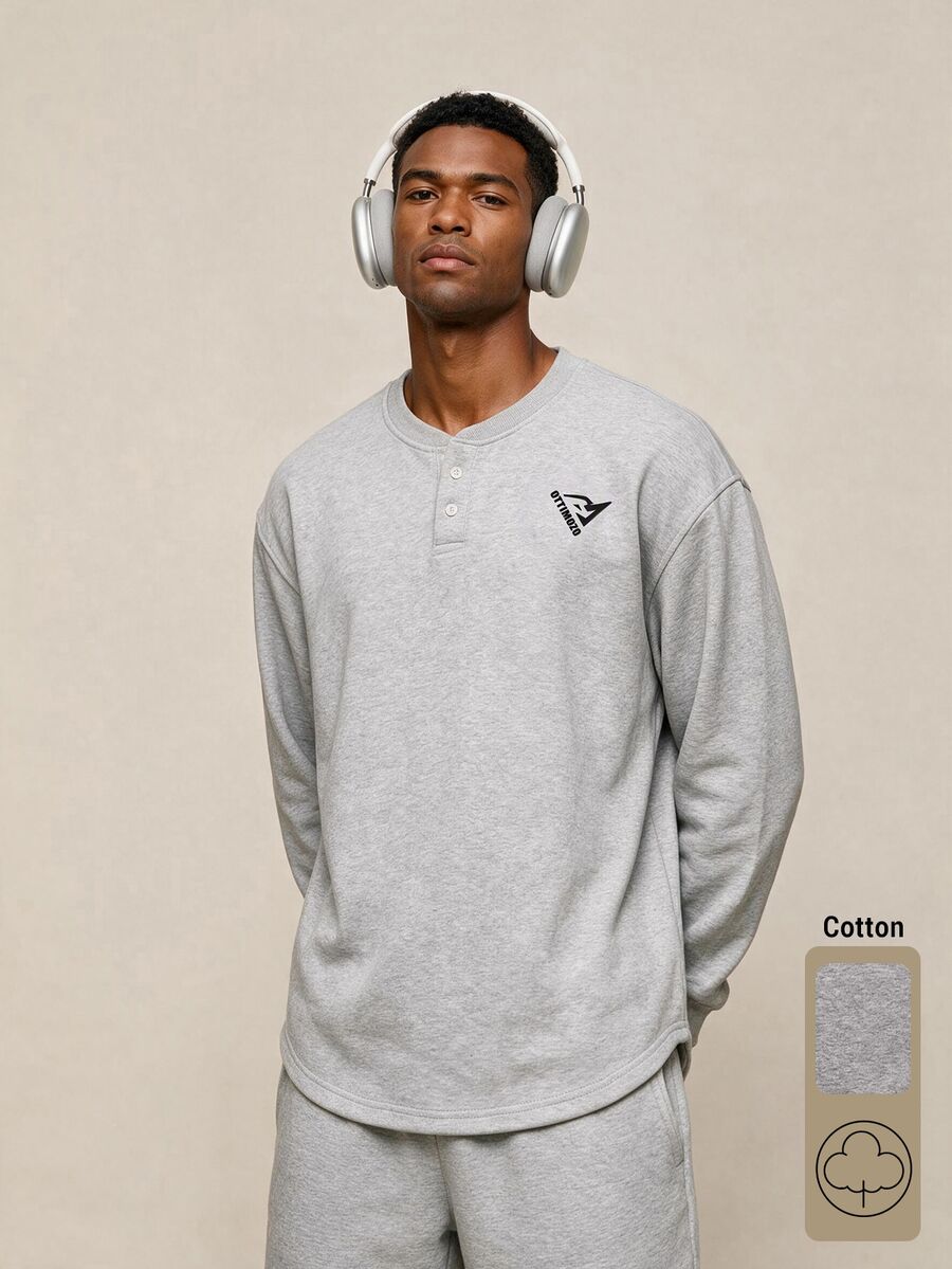 OTTIMOZO Men's Geometric Print Long Sleeve Button Half-Placket Sport Sweatshirt - Light Grey - View 1