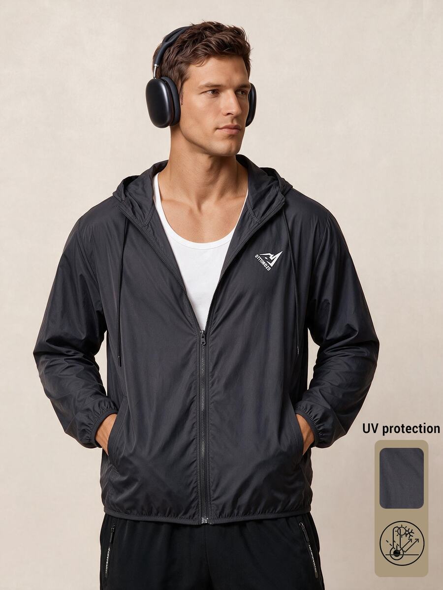 OTTIMOZO Men's Outdoor Zipper Long Sleeve Hooded Sports Jacket - Black - View 1