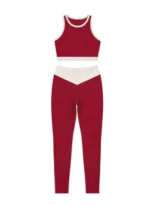 Nöista Red Activewear Set With White Contrast Details, Featuring A Racerback Sports Bra And High-Waisted Leggings. Perfect For Gym, Yoga And Fall Looks - Burgundy - View 11